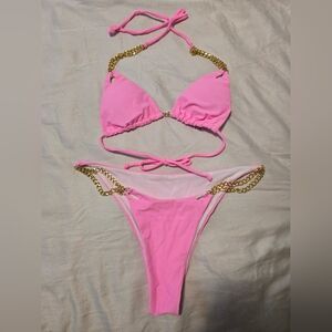 NWOT SHEIN Swim Pink Bikini Set with Gold Chains. Size S.